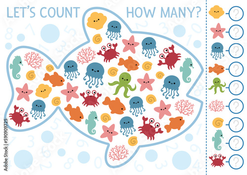Under the sea I spy game for kids in fish shape. Searching and counting activity with fish, starfish, jellyfish. Ocean life printable worksheet for preschool children. Simple water spotting puzzle.