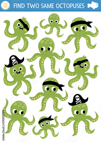 Find two same water animals. Under the sea matching activity for children. Ocean life educational quiz worksheet for kids for attention skills. Simple printable game with cute pirate octopuses.