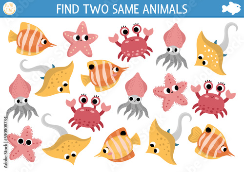 Find two same water animals. Under the sea matching activity for children. Ocean life educational quiz worksheet for kids for attention skills. Simple printable game with cute fish, crab, starfish.