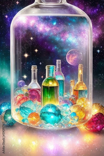 Space trapped in a bottle, flowers and precious stones in a bottle, Generative AI Art Illustration 04