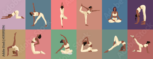 set of black girls doing yoga fitness exercises in different poses and milk clothes on pink green brown blue purple background for apps icons webs posters