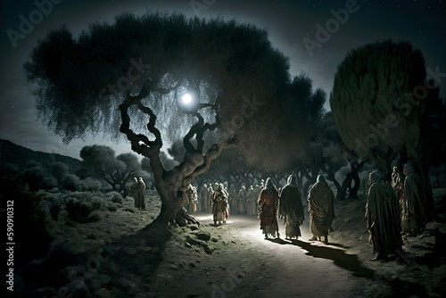 Fotografia Judas iscariot and roman soldiers approach Jesus and the apostals on a hillside