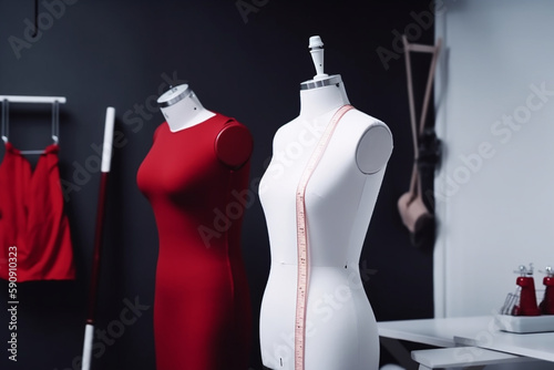 Red dummy in white clothes with measuring tape in tailors studio Generative AI