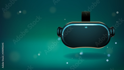 Virtual reality headset on blue and green Metaverse background