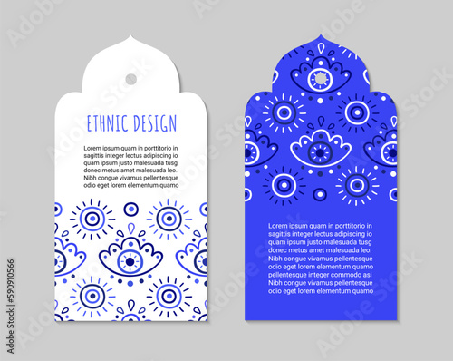 Turkish evil eye symbol tags. Protection from the spoilage signs. Oriental tag curly shaped design. Ethnic arabian ornamental label. Asian brochure template. Eastern style EPS 10 vector illustration