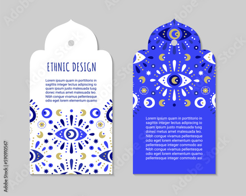 Turkish evil eye symbol tags. Protection from the spoilage signs. Oriental tag curly shaped design. Ethnic arabian ornamental label. Asian brochure template. Eastern style EPS 10 vector illustration