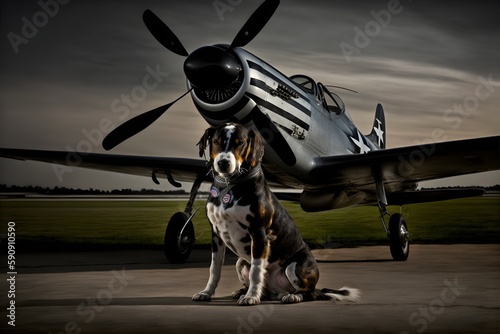 Fotografiet Dog in a P51 Mustang Fighter plane dogfighting a Mitsubishi Zero action pose far