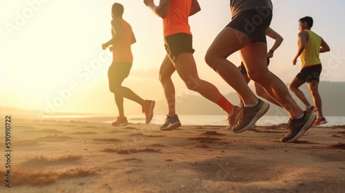 illustration, group running on the coast at sunrise, ai generative