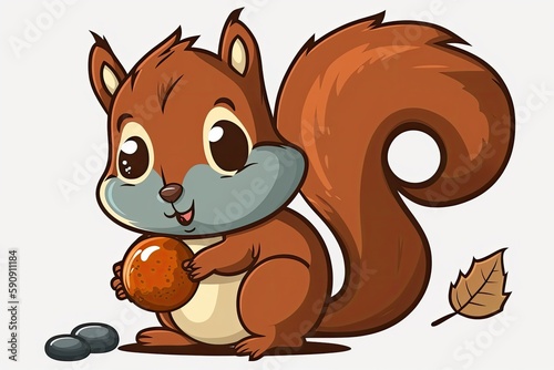 cute squirrel holding an acorn and a leaf. Generative AI
