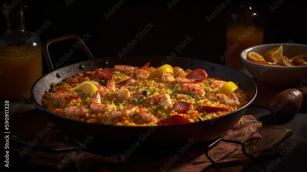 Savor the Flavors of Spain with this Mouthwatering Paella Dish, food photography. Generative AI
