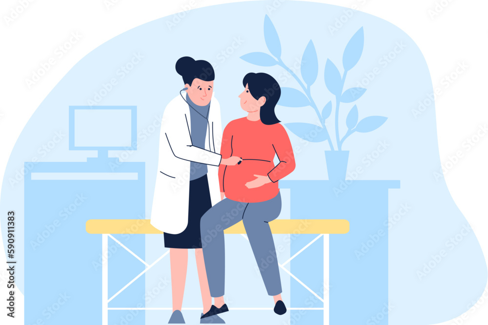 Pregnant woman at doctor, gynecologist and female health. Prenatal check up, medical diagnosis at hospital. Maternity recent vector concept