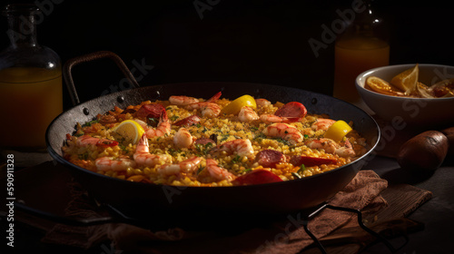 Savor the Flavors of Spain with this Mouthwatering Paella Dish  food photography. Generative AI