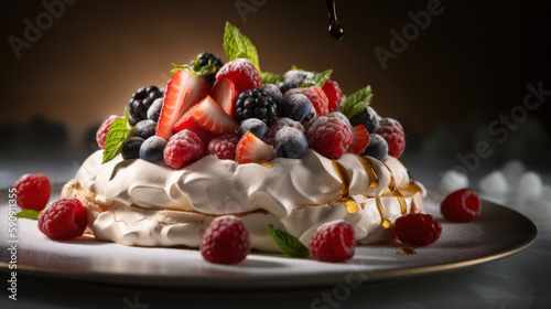 Elegant Pavlova, an Airy and Delicious Dessert. Professional Food Photography, Generative AI