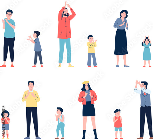 Adults and children applauding, clapping hands. Cute positive support of friends and family. Man and woman clap, child has fun recent vector characters