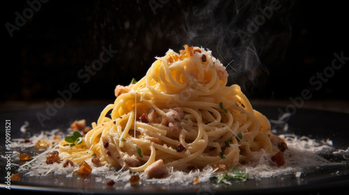 Savoring the Rich and Savory Flavors of Pasta Carbonara, Italian Cuisine, Food Photography. Generative AI
