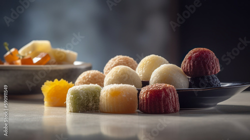 Colorful Mochi Desserts Ready for Any Occasion, food photography. Generative AI