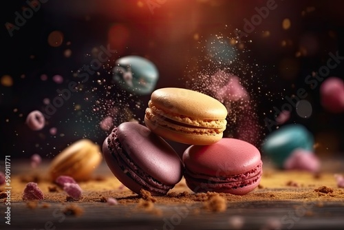 Falling macaroons macro dark background, ai geneartive photo