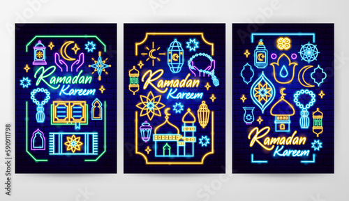 Ramadan Kareem Flyer Concepts. Vector Illustration of Religion Arabian Glowing Concept.