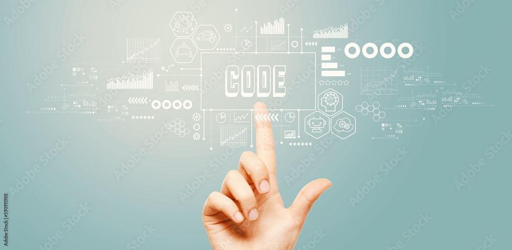 Code theme with hand pressing a button on a technology screen Code theme with hand pressing a button on a technology screen