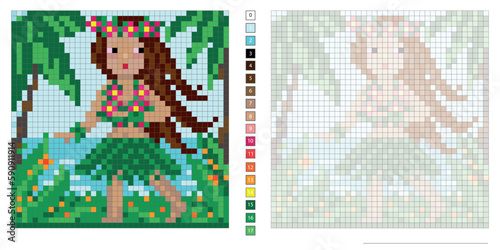 vector pixel illustration, Hawaiian girl dancing, coloring book, embroidery design, mosaic, creative development of motor skills and imagination