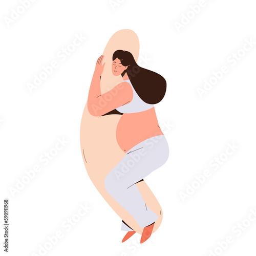 Happy relaxed pregnant woman sleeping using special comfortable pillow to relief from back pain