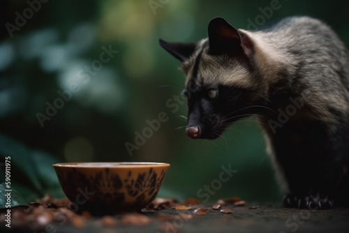 civet cat or luwak cat sniffing coffee beans. Sumatra coffee beans. Generative AI photo