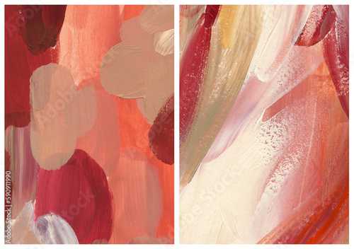 Acrylic abstract autumn textures of pink, coral, beige and white spots. Hand painted pastel illustration isolated on white background. For design, print, fabric or background.