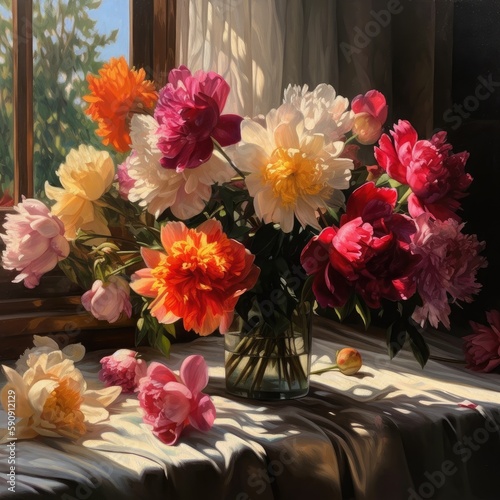 Colorful peony flowers in vase still lfe painting style, ai generative photo