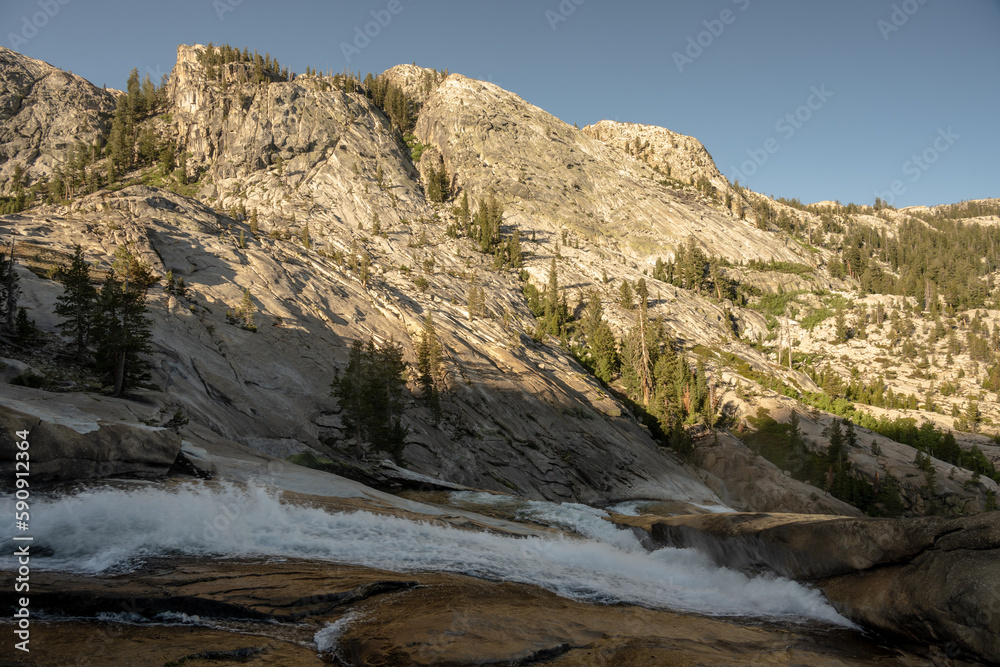 California Falls Rushes Down Hill Below Granite Wall