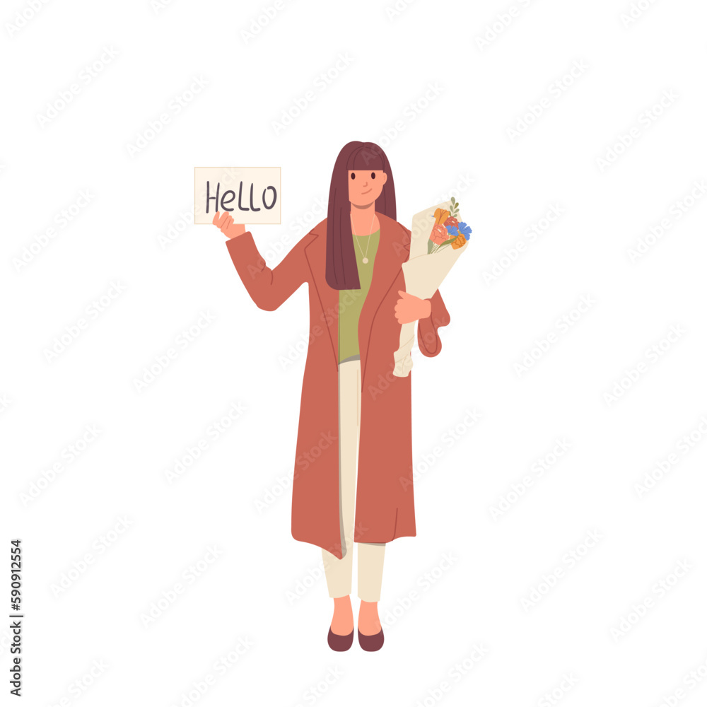 Young smiling woman character meeting someone standing with hello poster and flowers in hands Young smiling woman character meeting someone standing with hello poster and flowers in hands