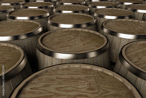 Stack of wooden wine barrels background