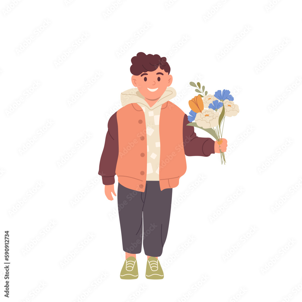 Cute smiling little boy character holding blooming bouquet of flowers in hand standing on white