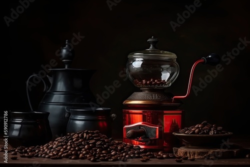 Foto Coffee maker with coffee roasted beans, ai generative