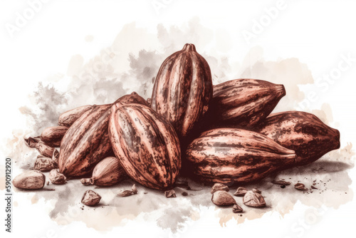 Cocoa beans on white background. Vintage risograph print style Generative AI