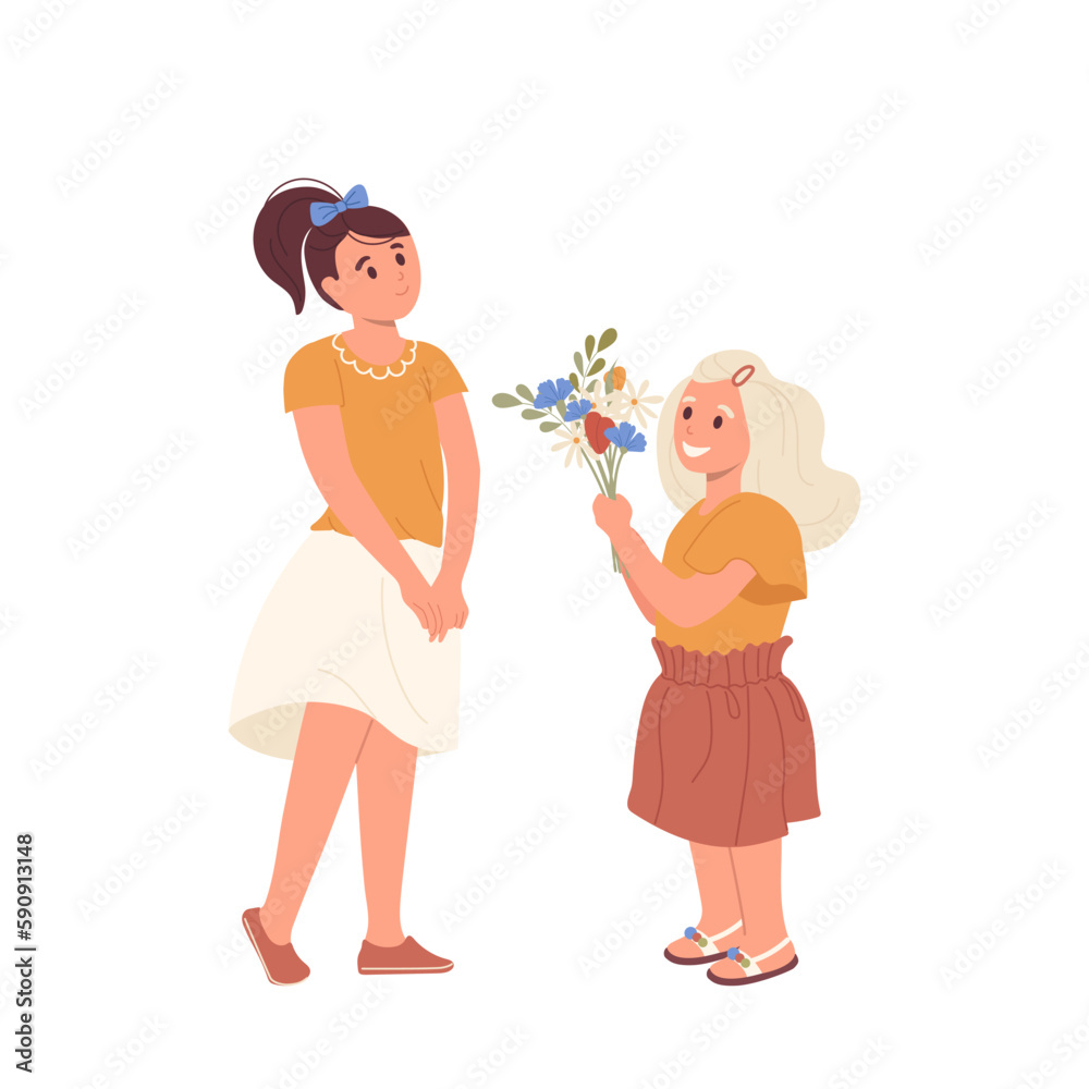 Cute little girl child giving bouquet of flower to older sister congratulating her with birthday Cute little girl child giving bouquet of flower to older sister congratulating her with birthday