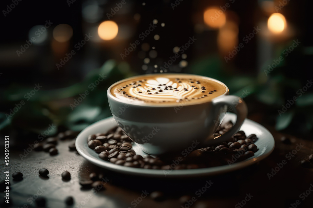 Latte art Coffee water drop to the white color coffee cup with coffee beans on the ground in dark color tone.selective focus the coffee cup.. Generative AI Latte art Coffee water drop to the white color coffee cup with coffee beans on the ground in dark color tone.selective focus the coffee cup.. Generative AI