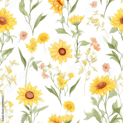 Seamless texture with bright yellow sunflowers. Tile pattern. Generative AI