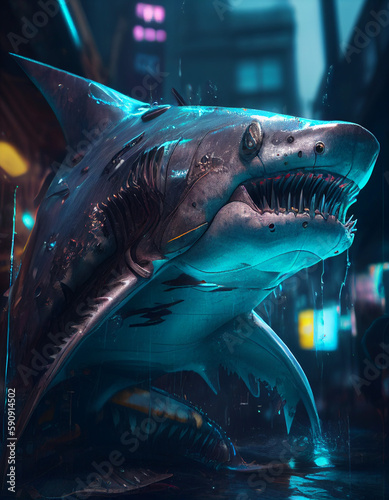 Cyberpunk shark realistic illustration AI generated