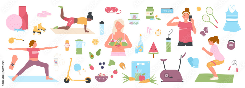 Healthy lifestyle, sports exercise, yoga and diet set vector illustration. Cartoon isolated active girl training good habits for wellness, female character holding wholesome food, taking selfie