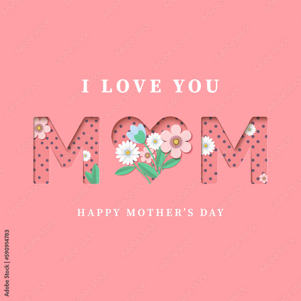 Happy Mother's day background with beautiful paper flowers. Romantic vector greeting card design.