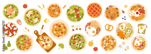 Top view of table with food on plates vector illustration. Cartoon dishes collection for family lunch or dinner in restaurant or home, meals for eating on traditional English breakfast and brunch