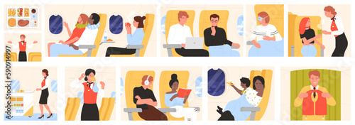 Passengers travel by plane set vector illustration. Cartoon inside airplane scenes with tourist characters sitting on seats near windows to read, work or sleep during flight, airline services