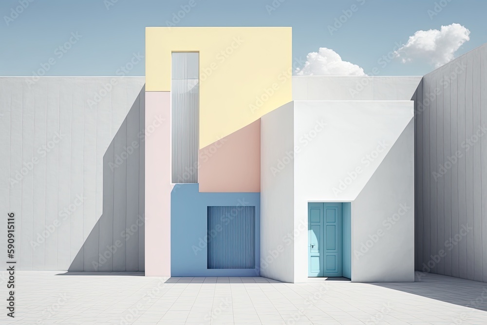 white building with a blue door against a clear blue sky background. Generative AI white building with a blue door against a clear blue sky background. Generative AI