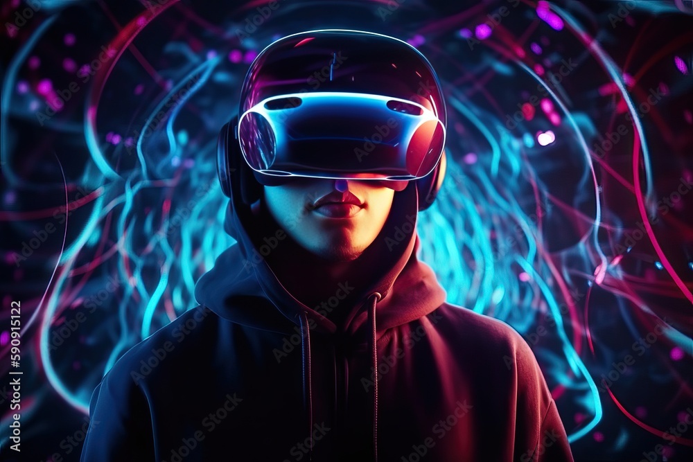 A man wearing glasses with a 3D VR headset is looking and being in cyberspace, generative AI. A man wearing glasses with a 3D VR headset is looking and being in cyberspace, generative AI.