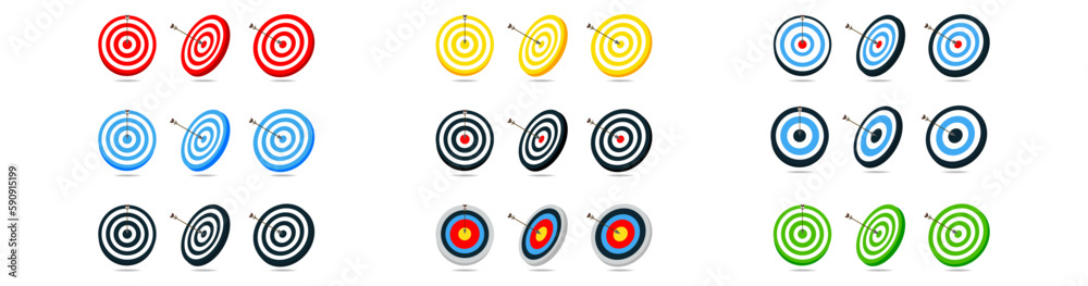 Target with arrow icons set. Shooting from a bow at a target with an arrow. Target in the bow concept Vector illustration. Big set of targets for the bow in different colors Vector graphics EPS 10 Target with arrow icons set. Shooting from a bow at a target with an arrow. Target in the bow concept Vector illustration. Big set of targets for the bow in different colors Vector graphics EPS 10