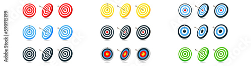 Target with arrow icons set. Shooting from a bow at a target with an arrow. Target in the bow concept Vector illustration. Big set of targets for the bow in different colors Vector graphics EPS 10