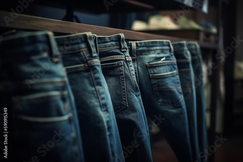 Denim jeans or pants on a shelf in a boutique clothing and apparel store or shop Generative AI