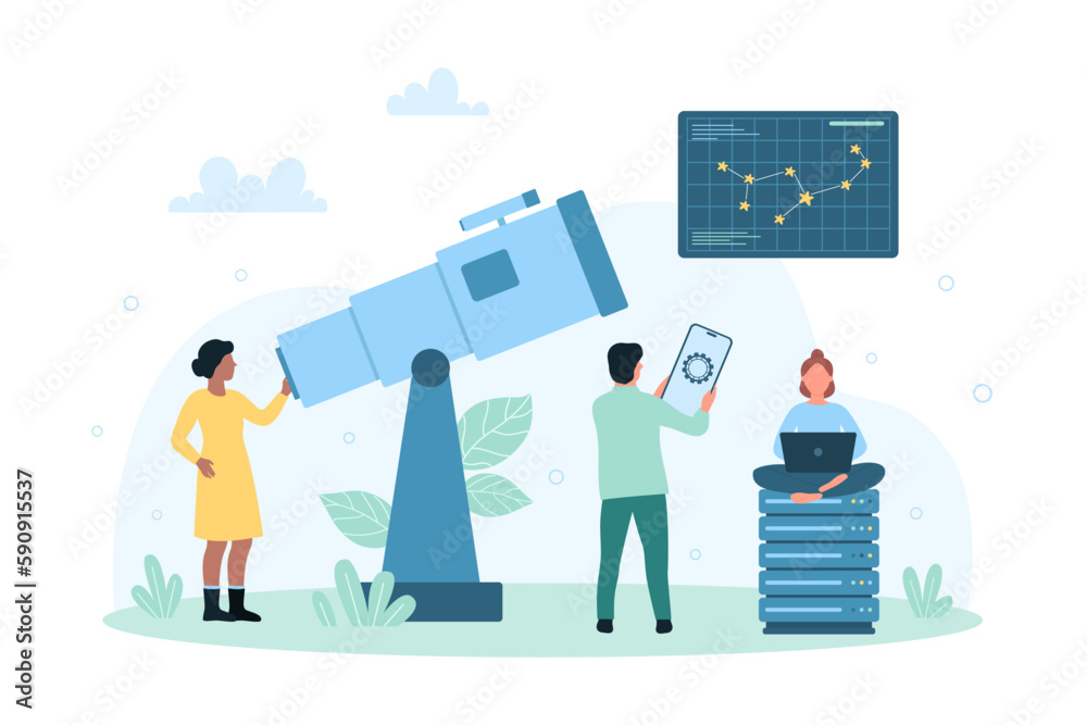 Research and study of astronomy science vector illustration. Cartoon tiny people looking with curiosity at constellation through telescope, scientific observation of starry sky by astronomers