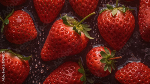 strawberries on the background, fresh strawberries with leaves. Created by AI.