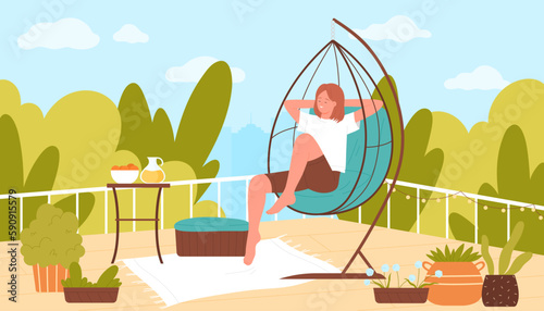 Happy relax of woman on rooftop terrace vector illustration. Cartoon young character sitting in comfortable chair to enjoy green summer city view and fresh open air at weekend, drink lemonade